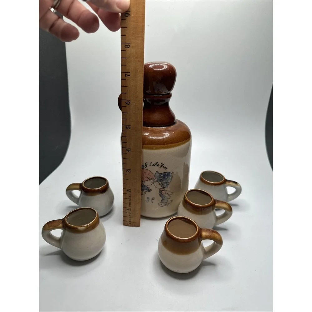 Vintage Brown/Tan, Glazed Ceramic Moonshine Jug with 5 